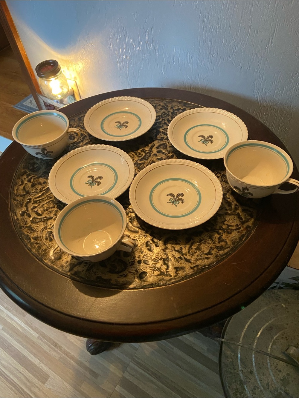 Johnson Brothers Cream and Teal Fleur-de-Lis Teacup and Saucer Set
